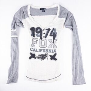 Fox Racing Henley Baseball Tee Womens M Grey Babydoll Vintage Y2K Motocross